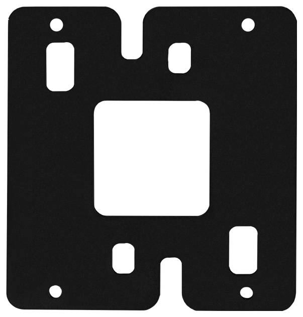 Schwarze Montageplatte für elektrische oder mechanische Installation mit mehreren Schlitzen und Löchern zum Befestigen oder Verbinden von Komponenten.
