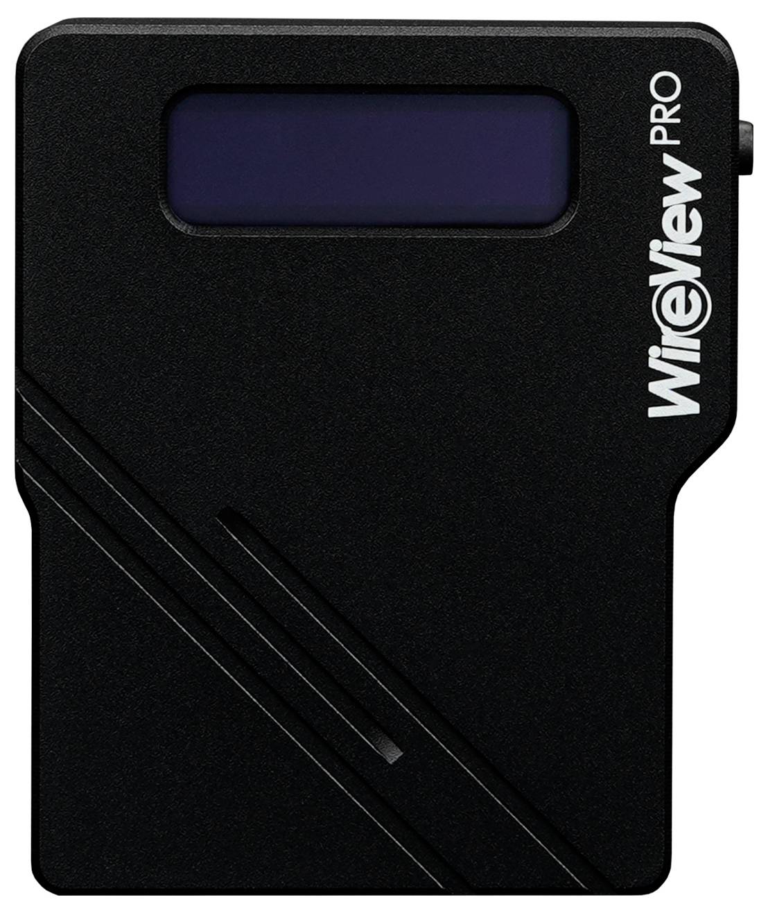 Ein schwarzes elektronisches Gerät mit dem Titel 'WireView Pro', ausgestattet mit einem Bildschirm und eleganten Linien, möglicherweise ein Netzwerk-Diagnosewerkzeug.