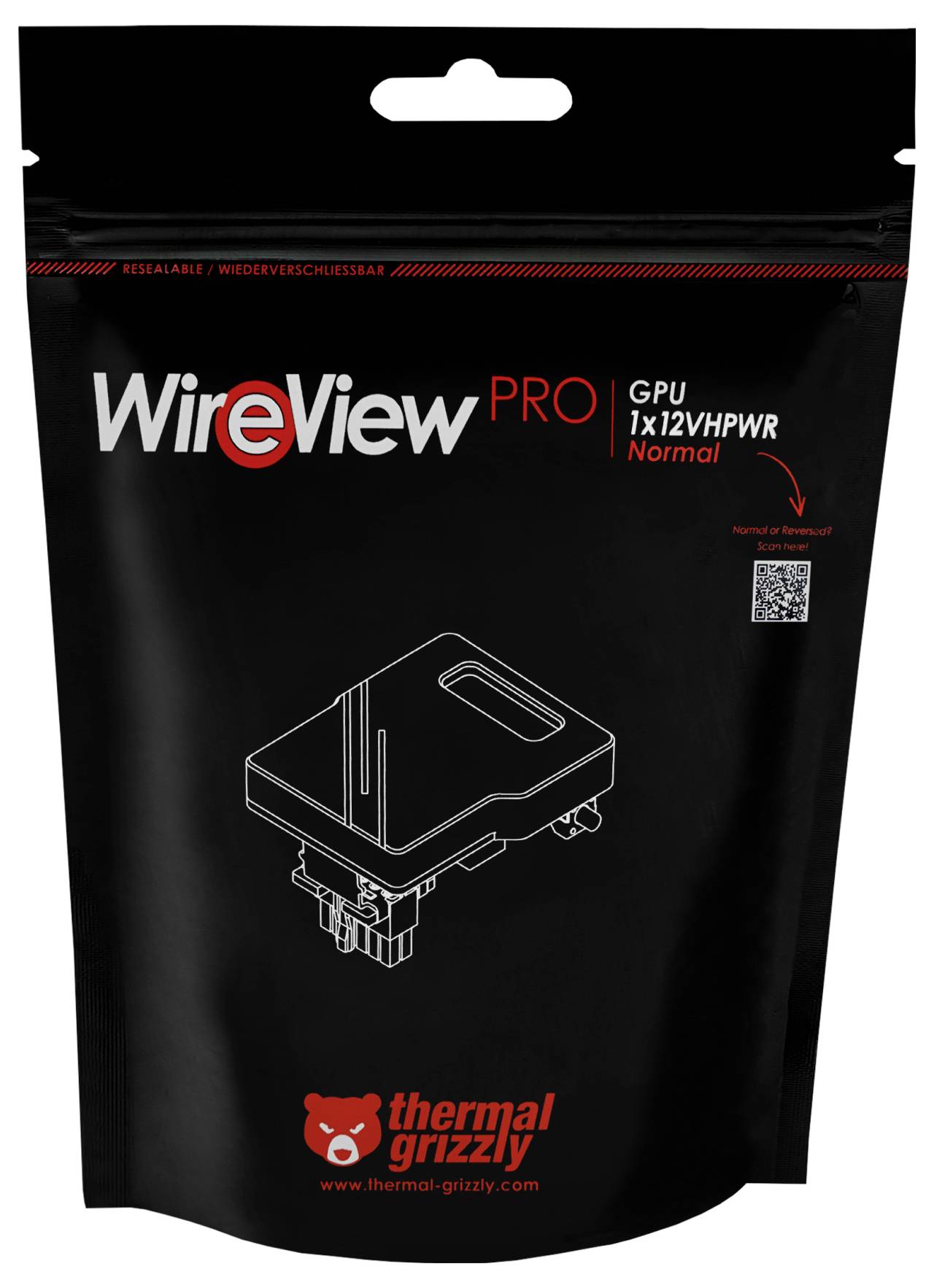 'WireView Pro' Verpackung für ein GPU-Kabel, mit einer Diagramm des Anschlusses. Markenlogo 'Thermal Grizzly' am unteren Rand. Schwarzes und rotes Design.