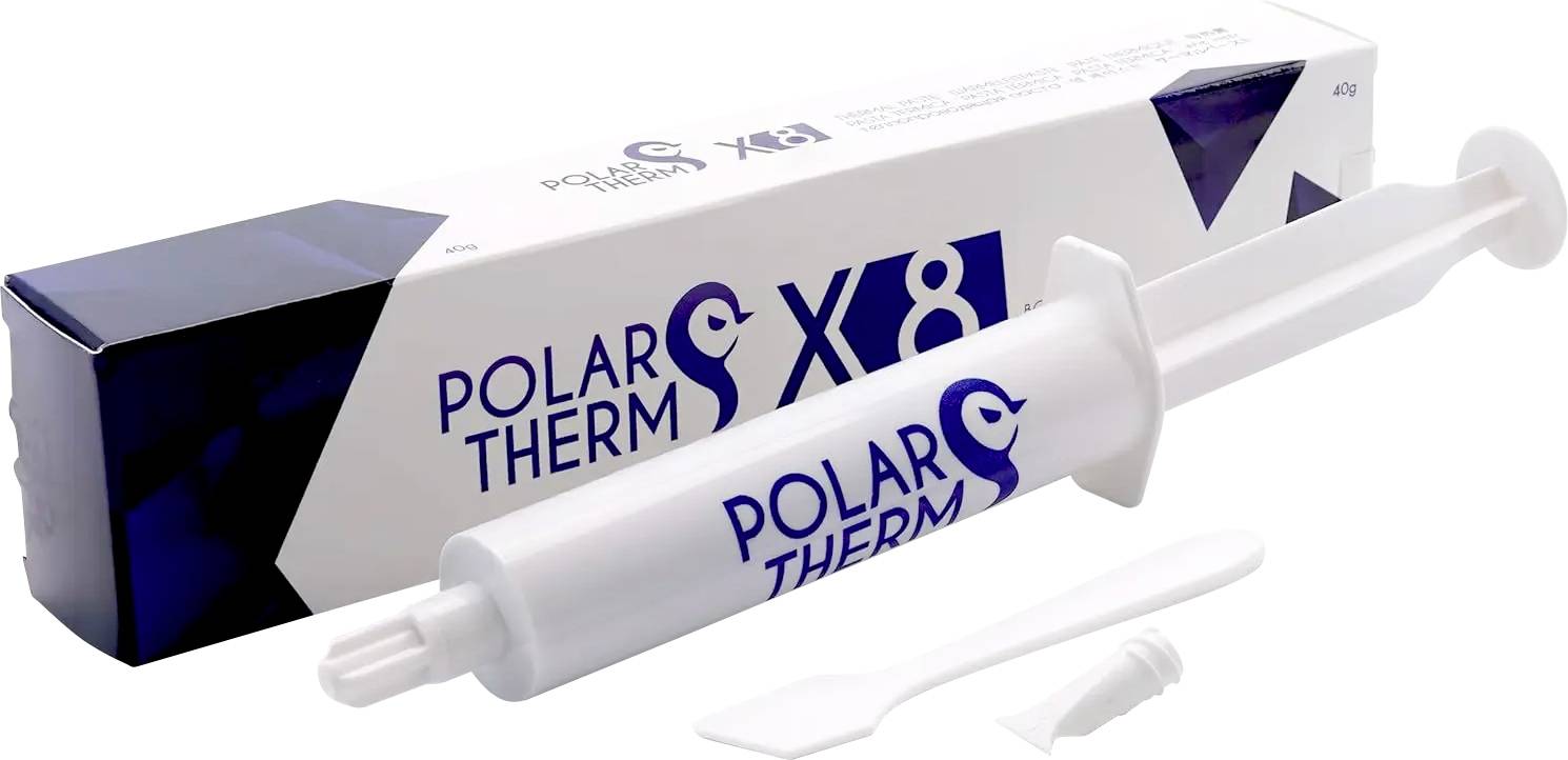 Schachtel und Röhre des Produkts 'Polar Therm SX8' mit einem kleinen weißen Applikatorwerkzeug, das ein blaues und weißes Verpackungsdesign aufweist.