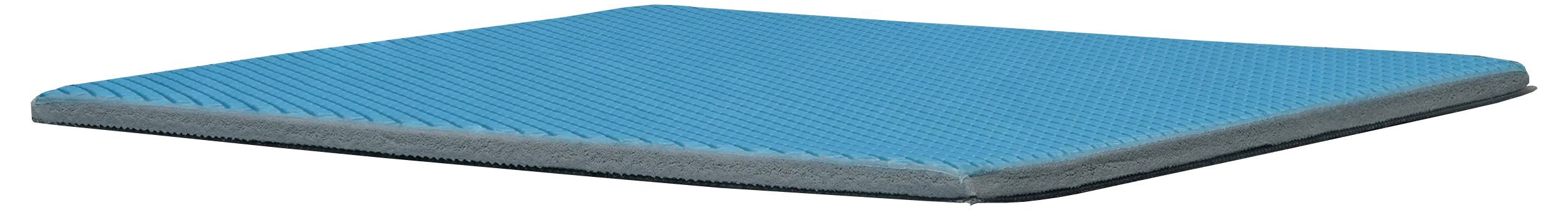 Ein blauer rechteckiger Kissen mit strukturierter Oberfläche und grauen Kanten.