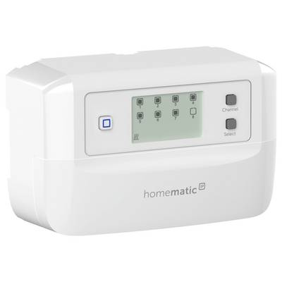 Ein weißes Smart-Home-Gerät mit einem kleinen Bildschirm, Tasten mit den Beschriftungen 1-8 und dem Text 'homematic IP'. Ausgestattet mit Tasten für 'Kanal' und 'Auswahl'.