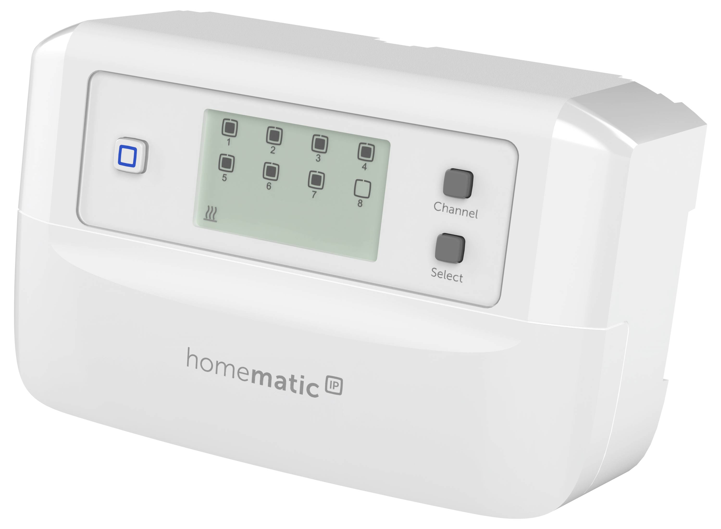 Thermostat-Bedienfeld mit digitalem Display, das 8 Kanäle zeigt, Tasten zur Kanalauswahl und Branding von 'homematic IP'.