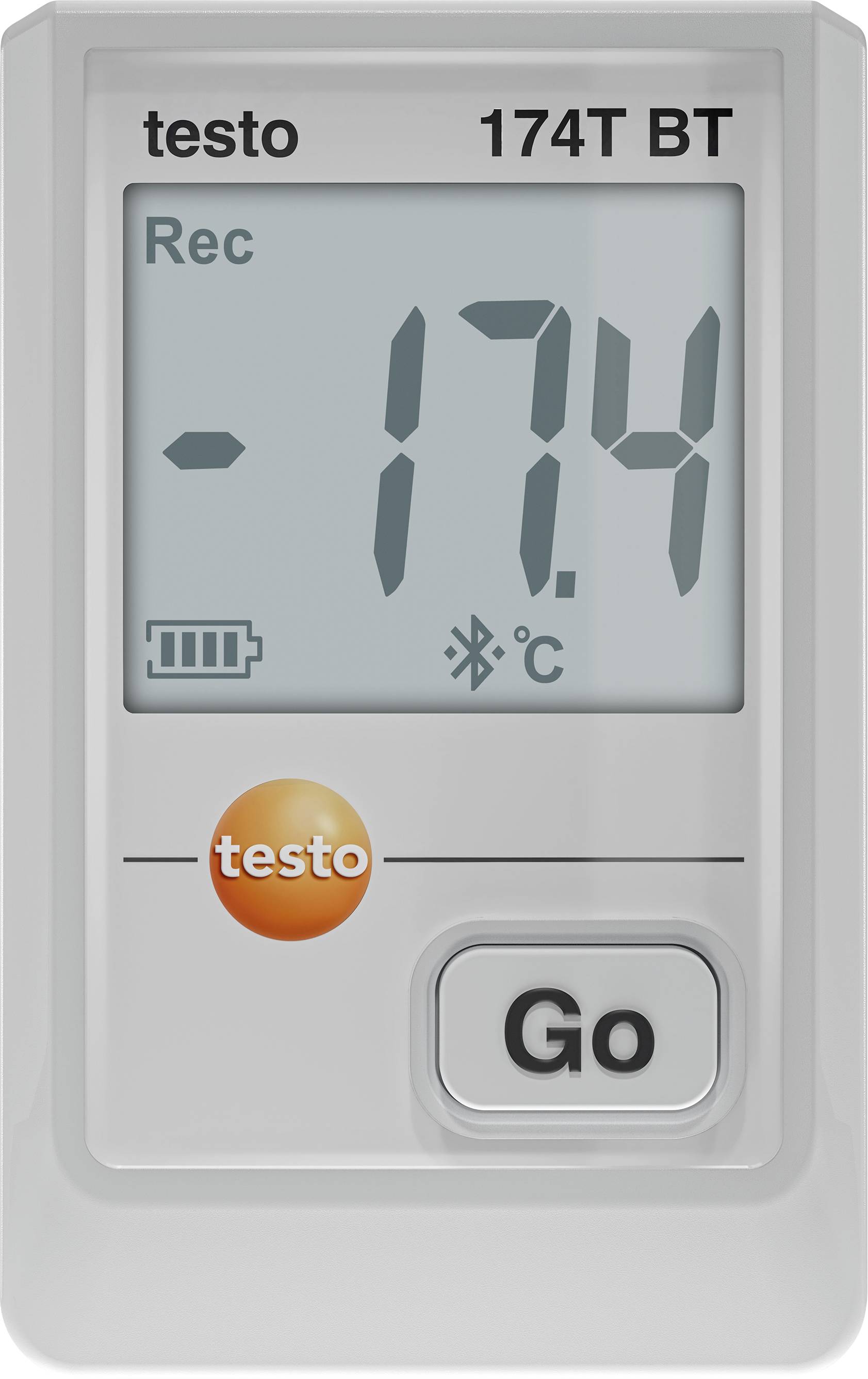 Ein digitales Thermometer zeigt '-17,4°C' an. Icons zeigen den Batteriestand und die Bluetooth-Fähigkeit. Ein 'Go'-Knopf und 'testo 174T BT' sind sichtbar.