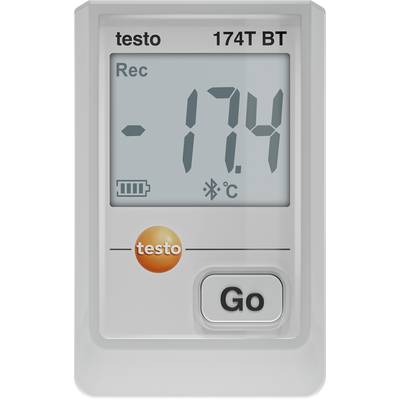 Ein digitales Thermometer zeigt '-17,4°C' an. Icons zeigen den Batteriestand und die Bluetooth-Fähigkeit. Ein 'Go'-Knopf und 'testo 174T BT' sind sichtbar.