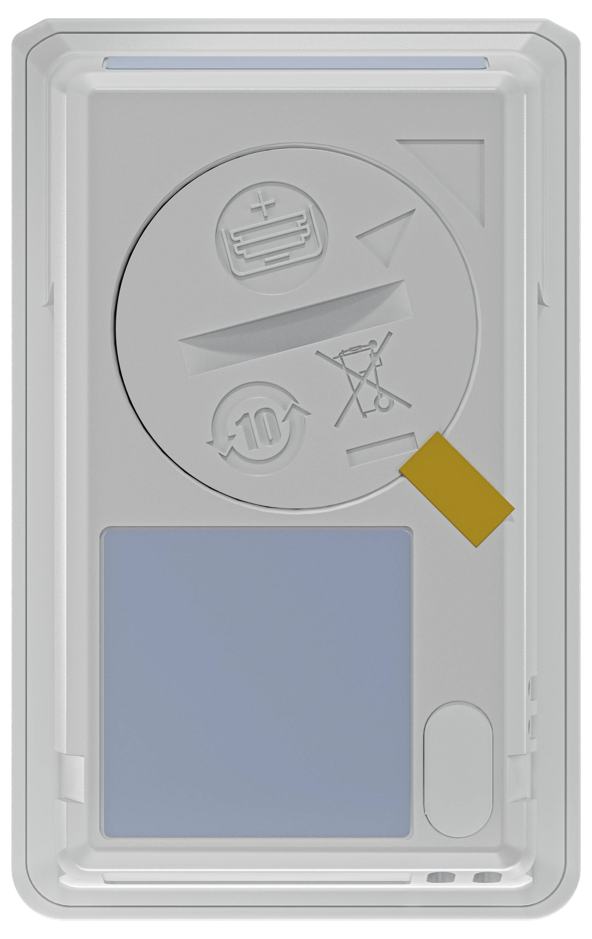 Ein rechteckiges, hellgraues Gerät mit einem kreisförmigen Batteriesymbol und einem durchgestrichenen Mülltonnen-Icon, das Entsorgungshinweise anzeigt.