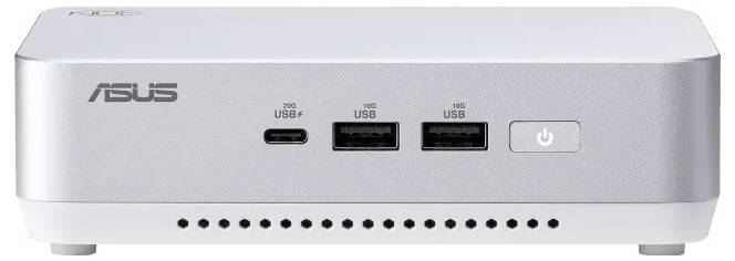 Ein kompakter Desktop-Computer mit ASUS-Logo, der zwei USB-Anschlüsse, einen USB-C-Anschluss und einen Einschaltknopf auf der Frontplatte aufweist.
