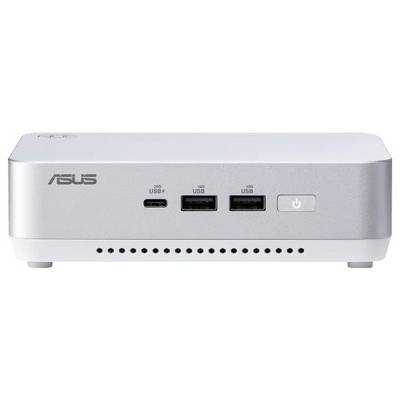 Ein kompakter Desktop-Computer mit ASUS-Logo, der zwei USB-Anschlüsse, einen USB-C-Anschluss und einen Einschaltknopf auf der Frontplatte aufweist.