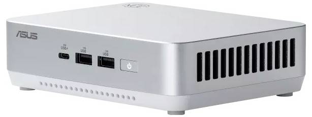 Ein kompakter grauer Computer mit vorderen USB-Anschlüssen und einem Powerknopf, versehen mit einem 'ASUS' Logo. Sein Design ist elegant und modern.