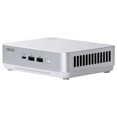 Ein kompakter grauer Computer mit vorderen USB-Anschlüssen und einem Powerknopf, versehen mit einem 'ASUS' Logo. Sein Design ist elegant und modern.