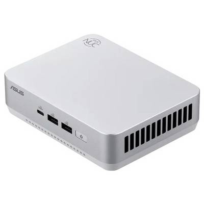 Ein kleiner, kompakter silberner Computer mit mehreren USB-Anschlüssen und Lüftungsöffnungen an der Seite, markiert mit dem 'ASUS' Schriftzug und einem kreisförmigen 'NCC' Logo auf der Oberseite.