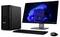 Ein Desktop-Computer-Setup mit einem schwarzen Tower, Monitor mit blauem abstraktem Hintergrund, Tastatur und Maus, alle auf einer weißen Oberfläche.