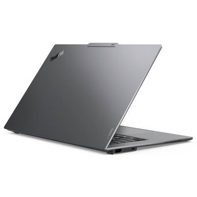 Ein schlanker, teilweise geöffneter Laptop mit elegantem Design und grauer Außenhülle.