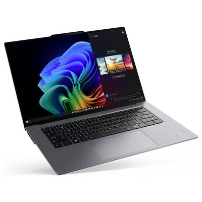 Ein schlankes, modernes Laptop mit einer lebendigen abstrakten Tapete und einer Seitenleiste, die mehrere geöffnete App-Fenster zeigt.