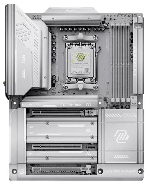 Eine silberne Computermotherboard mit der Aufschrift "MAG", ausgestattet mit mehreren Steckplätzen und Anschlüssen, entwickelt für hochleistungsfähiges Gaming.