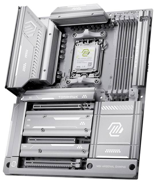 Eine silberne MSI Arsenal Gaming Motherboard mit mehreren Steckplätzen und Kühlkörpern, beschriftet mit 'TOMAHAWK' und 'MAG', entwickelt für High-Performance-Einsatz.