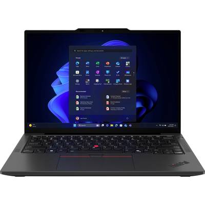Ein Laptop, der den Windows-Betriebssystem-Startbildschirm mit verschiedenen Anwendungssymbolen, einer Suchleiste und einem blauen abstrakten Hintergrund zeigt.