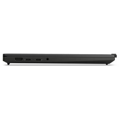 Ein geschlossener, schwarzer Laptop, von der Seite betrachtet, mit HDMI-, USB- und Kopfhörerbuchsen.