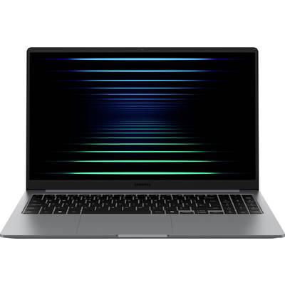 Ein Laptop mit elegantem Design, der einen dunklen Bildschirm mit horizontalen blauen und grünen Lichtstreifen zeigt und einen futuristischen Effekt erzeugt.
