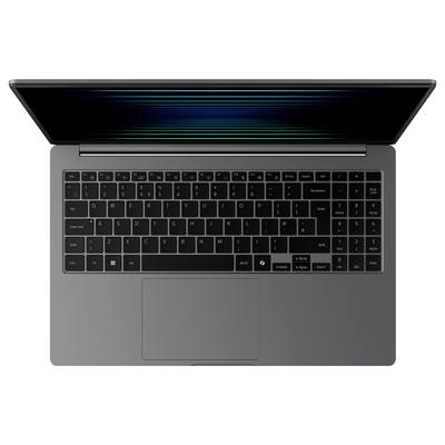 Eine Draufsicht eines geöffneten Laptops mit einer schwarzen Tastatur und einem Bildschirm, der horizontale farbige Linien zeigt, vor einem weißen Hintergrund.