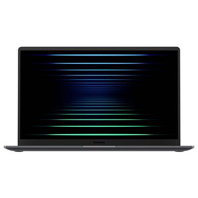 Ein Samsung-Laptop mit einem leuchtenden blau-grünen Liniennmuster auf seinem Bildschirm, das einen futuristischen Tunneleffekt erzeugt.