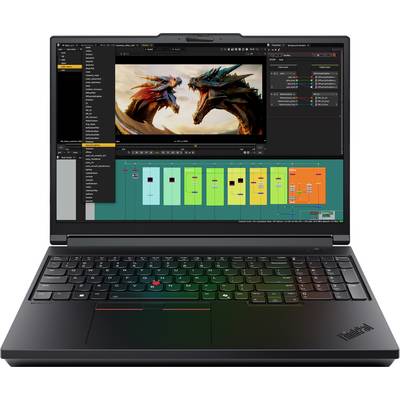 Ein Laptop mit Videobearbeitungssoftware, der eine Zeitleiste und eine Vorschau von zwei animierten Drachen im Kampf zeigt. Farbenfrohe Spuren und Menüs sind sichtbar.