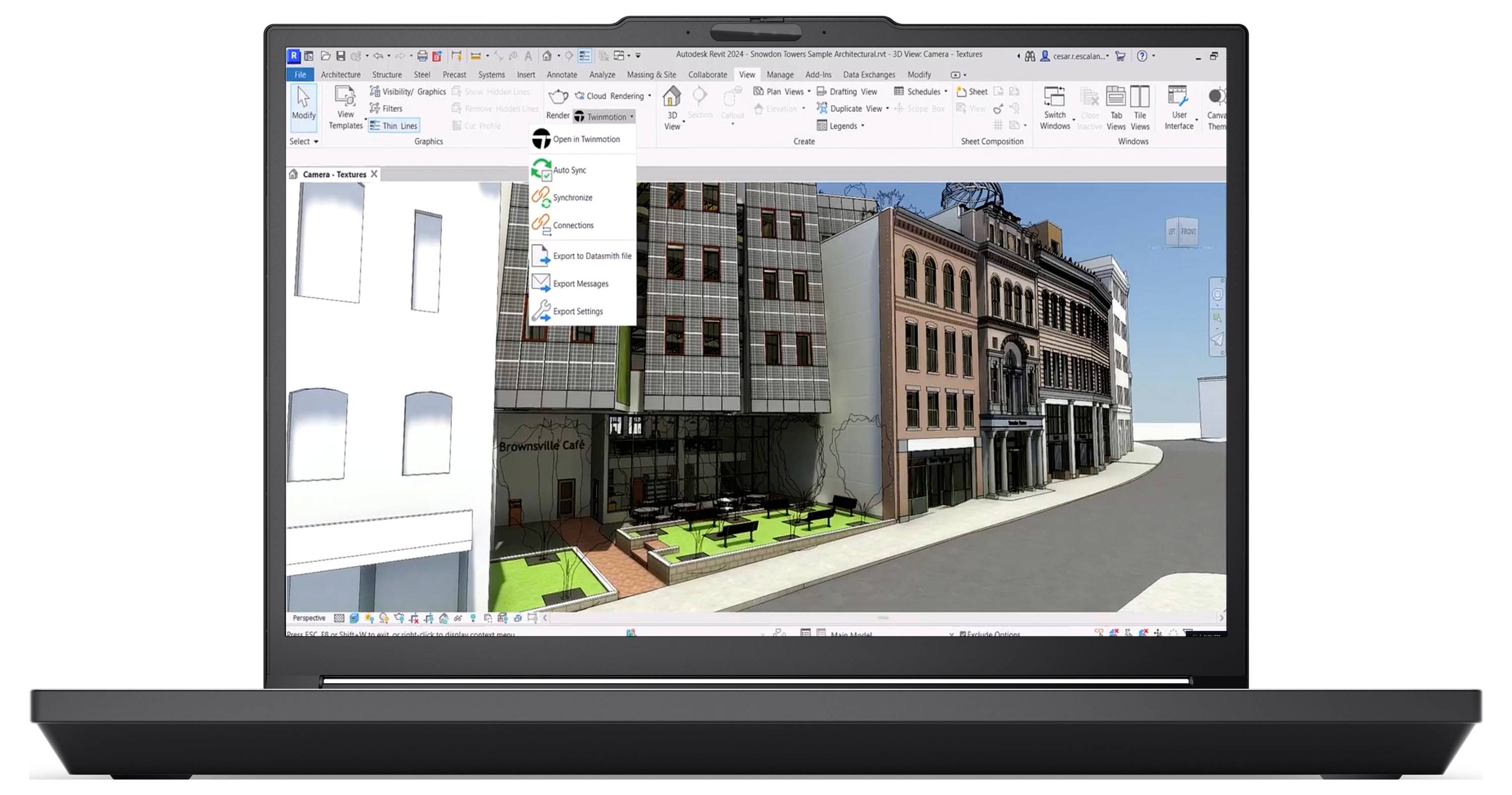 Laptop-Bildschirm zeigt 3D-Architektursoftware mit einem Straßenansichtsmodell, das Gebäude und grüne Außensitzbereiche darstellt.