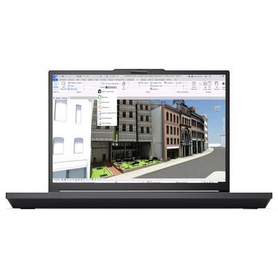 Laptop-Bildschirm zeigt 3D-Architektursoftware mit einem Straßenansichtsmodell, das Gebäude und grüne Außensitzbereiche darstellt.