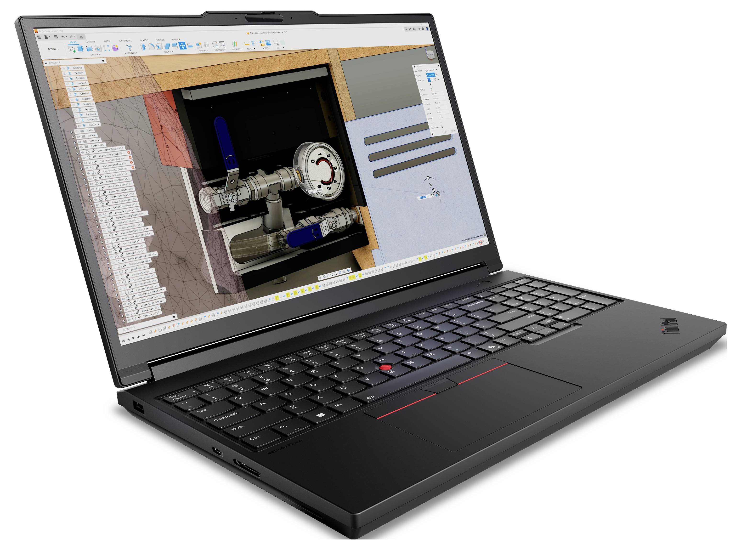 Ein Laptop, der eine 3D-Modellierungssoftware mit einer detaillierten technischen Zeichnung auf dem Bildschirm zeigt, die Rohrleitungen und eine Messvorrichtung umfasst.
