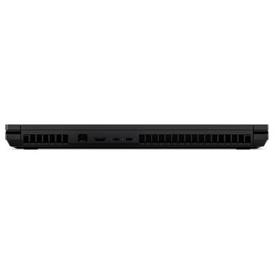 Rückansicht eines schwarzen elektronischen Geräts mit Lüftungsschlitzen und verschiedenen Anschlüssen, darunter HDMI, USB und Stromversorgung, vor einem weißen Hintergrund.