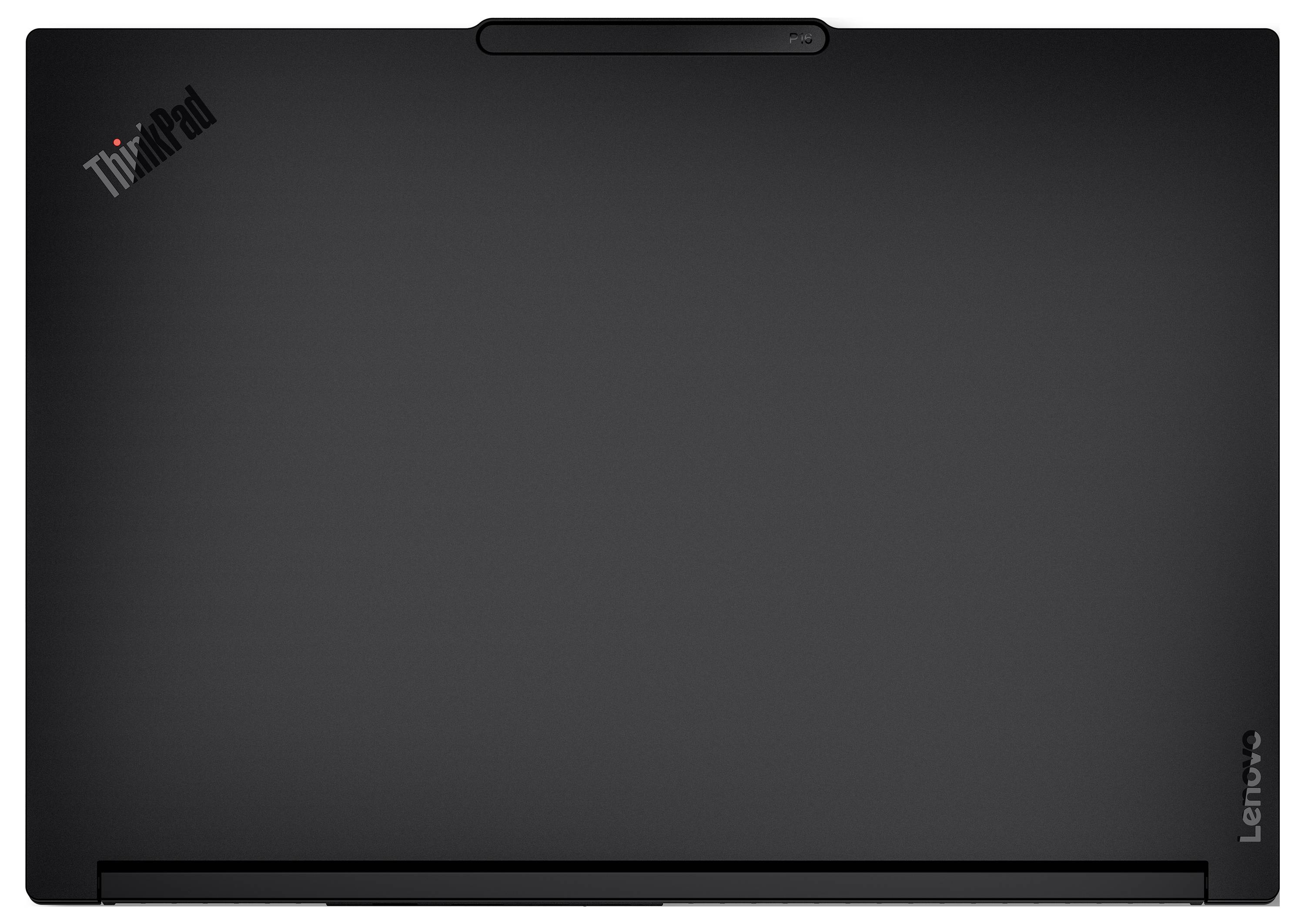 ThinkPad-Laptop-Deckel, geschlossen und von oben betrachtet, mit matter schwarzer Oberfläche und ThinkPad-Logo oben links.