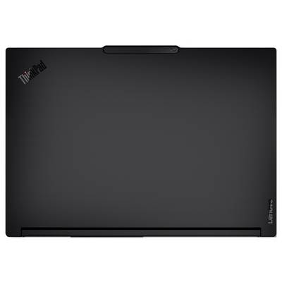 ThinkPad-Laptop-Deckel, geschlossen und von oben betrachtet, mit matter schwarzer Oberfläche und ThinkPad-Logo oben links.
