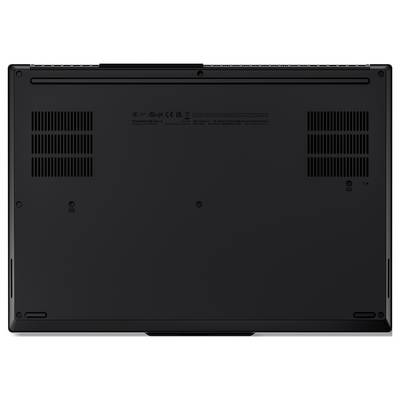Die Unterseite eines schwarzen Laptops mit Belüftungsöffnungen und sichtbaren Schrauben, die die Unteransicht des Geräts darstellt.