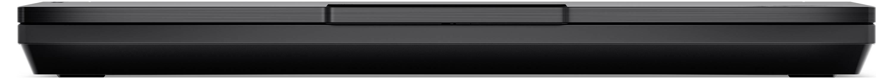 Ein schlankes, schwarzes rechteckiges elektronisches Gerät, von vorne betrachtet, mit einem zentralen Schlitz, möglicherweise ein Drucker oder Scanner.