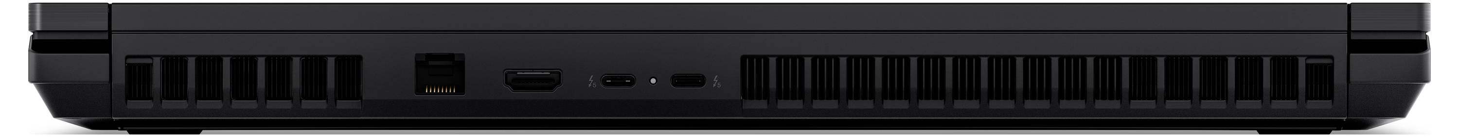 Rückansicht eines geschlossenen schwarzen Laptops mit Lüftungsschlitzen und Anschlüssen für Konnektivität.