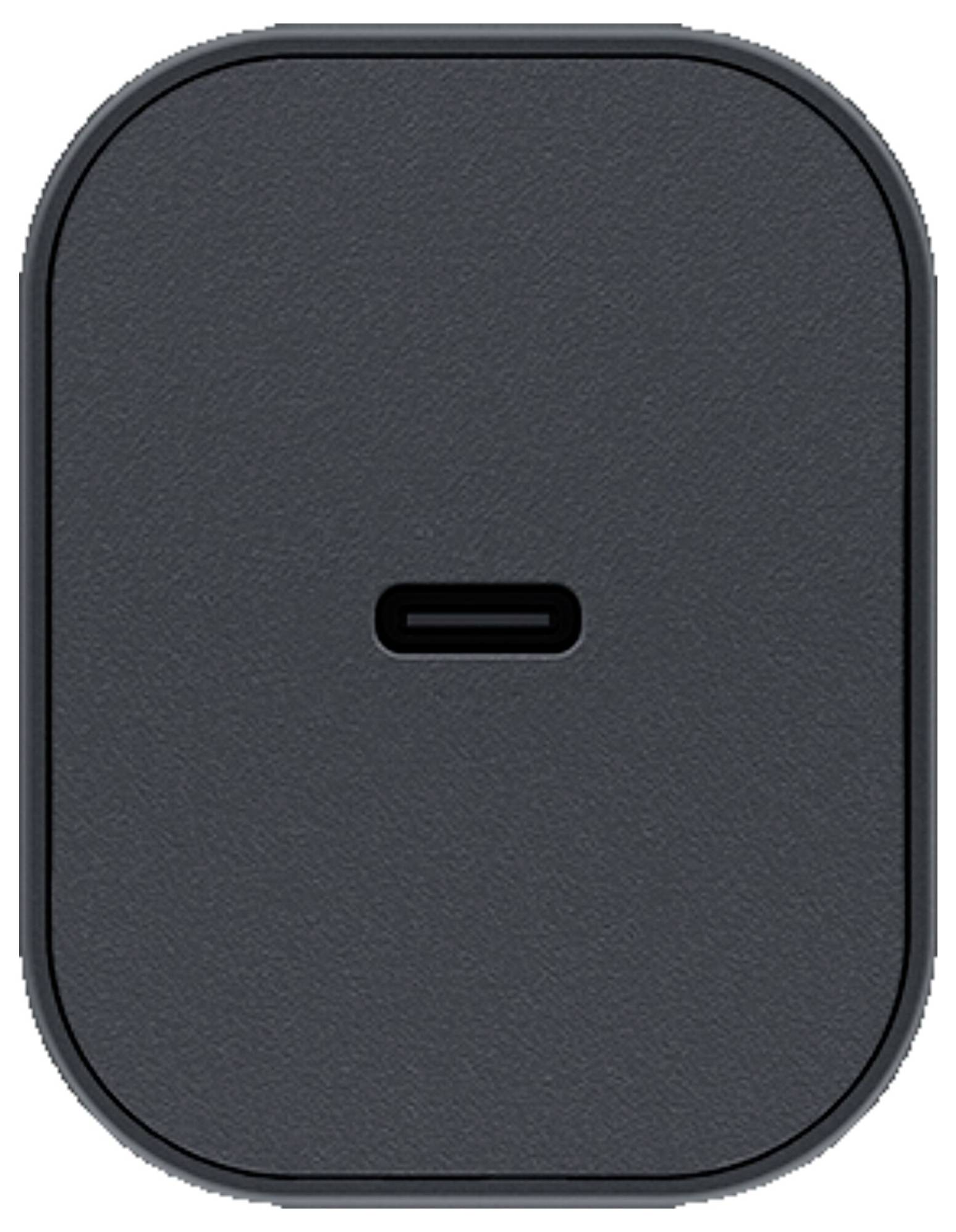 Ein schwarzer, abgerundeter rechteckiger Knopf mit einem kleinen horizontalen Schlitz in der Mitte, der einem USB-C-Anschluss ähnelt, auf einer strukturierten Oberfläche.