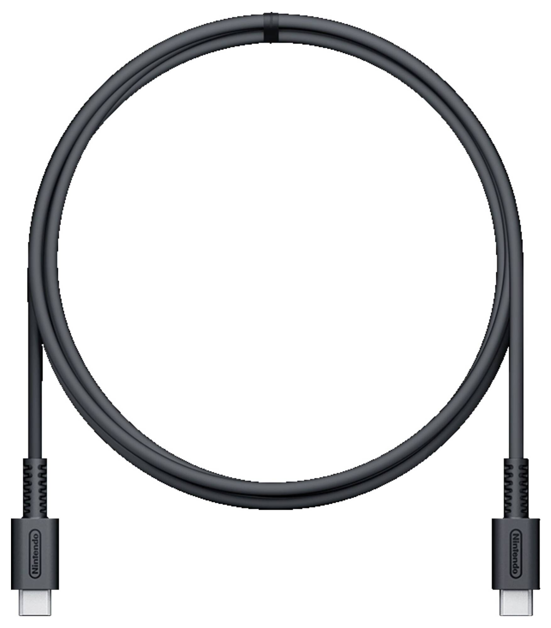 Ein schwarzes USB-C-Ladekabel, das in einer kreisförmigen Anordnung dargestellt wird, wobei die Anschlüsse an beiden Enden hervorgehoben werden.