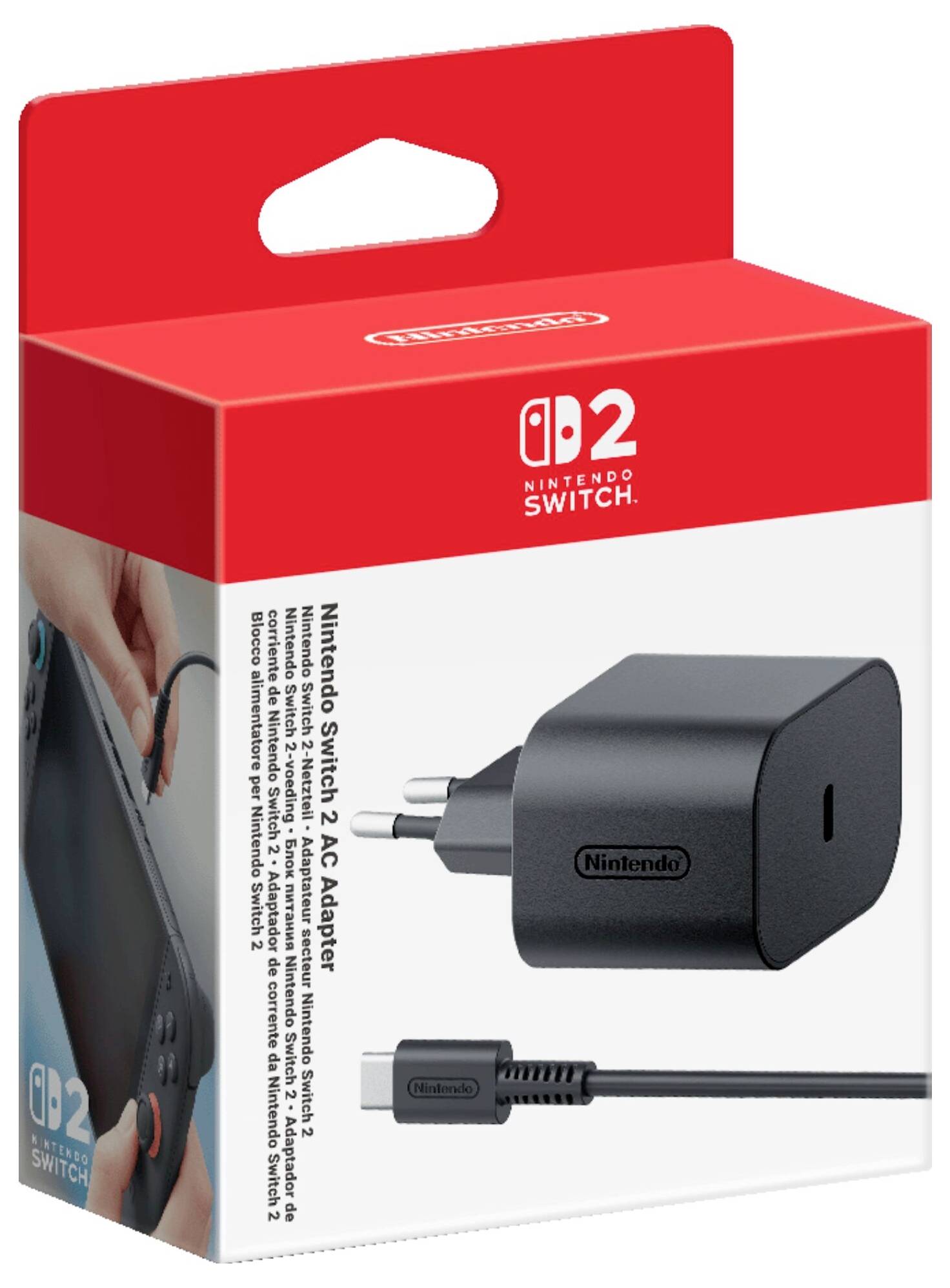 Nintendo Switch AC-Adapter Verpackung mit einem Bild des Adapters und der Konsole, die die Kompatibilität mit der Nintendo Switch hervorhebt.