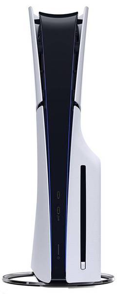 Eine vertikale Spielkonsole mit elegantem Weiß-Schwarz-Design, mit einem Disc-Laufwerk auf der rechten Seite, die auf einer kreisförmigen Basis steht.