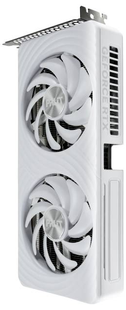 Eine weiße Grafikkarte mit Doppellüftern und dem Text 'GeForce RTX'.