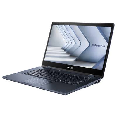 Ein schlankes ASUS ExpertBook Laptop mit einem geometrischen Muster auf dem Bildschirm, schräg geöffnet, mit einer vollständigen Tastatur und einem digitalen NumberPad.