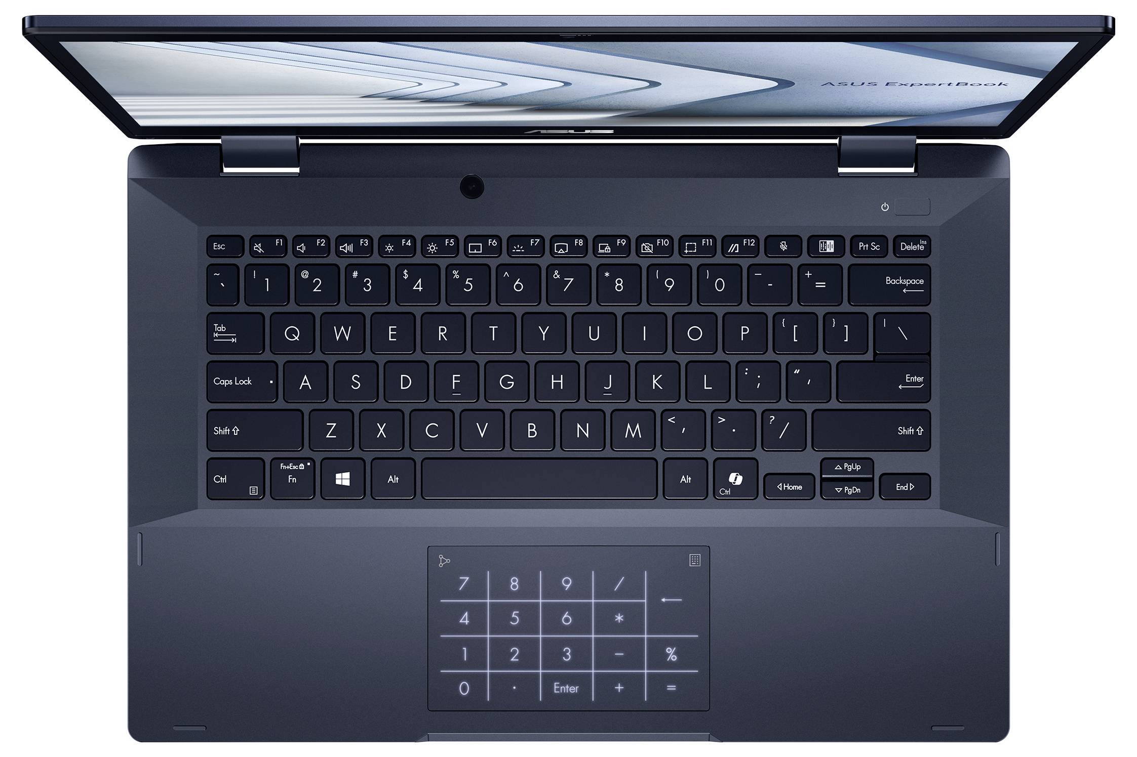 Ein modernes Laptop mit teilweise geöffnetem Deckel, der eine vollständige QWERTY-Tastatur zeigt. Das Touchpad zeigt numerische Tasten und Symbole.
