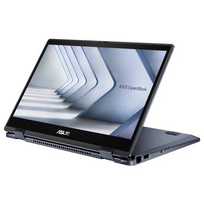 Ein schwarzer ASUS-Laptop im Zeltmodus zeigt auf dem Bildschirm geometrische Muster und den Text "ASUS ExpertBook".
