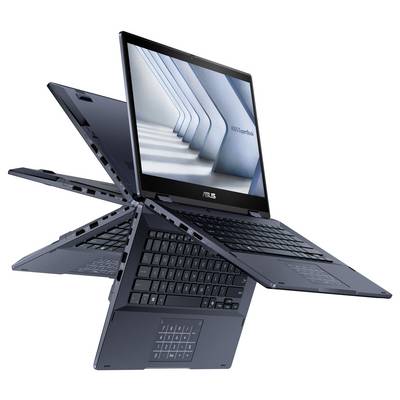 Ein Convertible-Laptop in verschiedenen Positionen, die seine Flexibilität demonstrieren, mit einem Bildschirm, der ein abstraktes Bild zeigt.