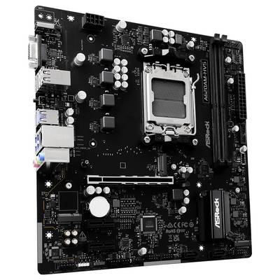 Eine Computerplatine mit verschiedenen Steckplätzen und Anschlüssen für Komponenten, einschließlich RAM, CPU und Anschlüssen.
