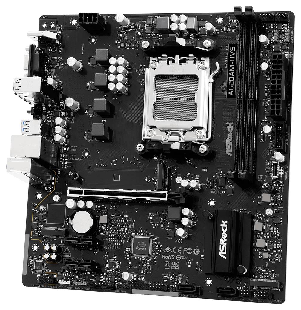 Eine schwarze ASRock-Motherboard mit einem CPU-Sockel, verschiedenen Kondensatoren, RAM-Steckplätzen und Anschlüssen, entwickelt für den Computeraufbau oder Upgrades.