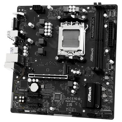 Eine schwarze ASRock-Motherboard mit einem CPU-Sockel, verschiedenen Kondensatoren, RAM-Steckplätzen und Anschlüssen, entwickelt für den Computeraufbau oder Upgrades.