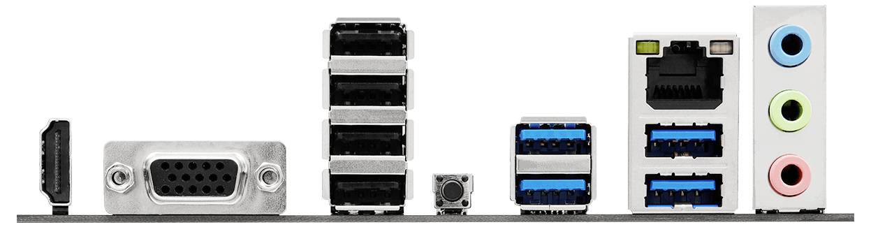 Eine Computerplatine mit I/O-Panel mit HDMI-, VGA-, USB-, Ethernet- und Audioschnittstellen in verschiedenen Farben.