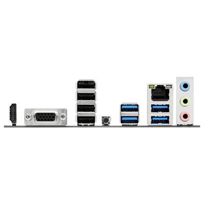 Eine Computerplatine mit I/O-Panel mit HDMI-, VGA-, USB-, Ethernet- und Audioschnittstellen in verschiedenen Farben.
