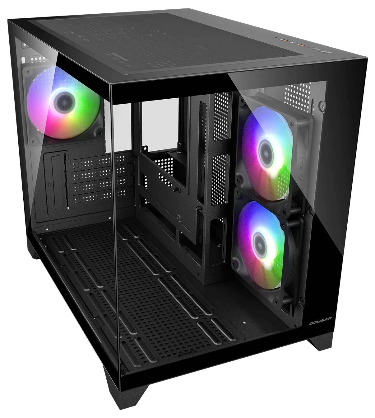 Ein schwarzes Computergehäuse mit transparenten Glasscheiben, das die Innenräume mit bunten RGB-Lüftern und farbenfroher Beleuchtung präsentiert, entwickelt für High-Performance-Builds.